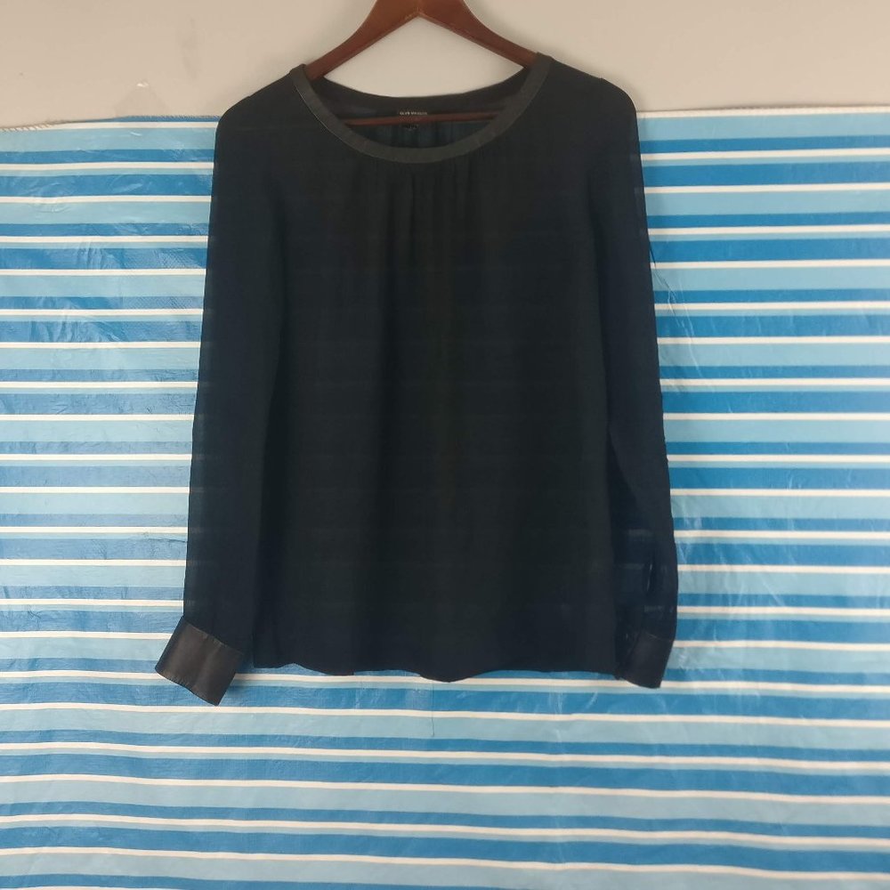 CLUB MONACO 100% Silk Lamb Leather trim Long Sleeve Blouse, Black Silk Top, S